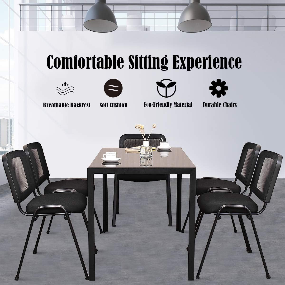 Set of 5 Conference Chair, Desk Chair No Wheels with Foot Pads, 5 Pack Executive Chairs, Lobby Chair, Reception Chairs for Home &#x26; Office, Meeting, Waiting Room, Stackable Guest Chairs, Black