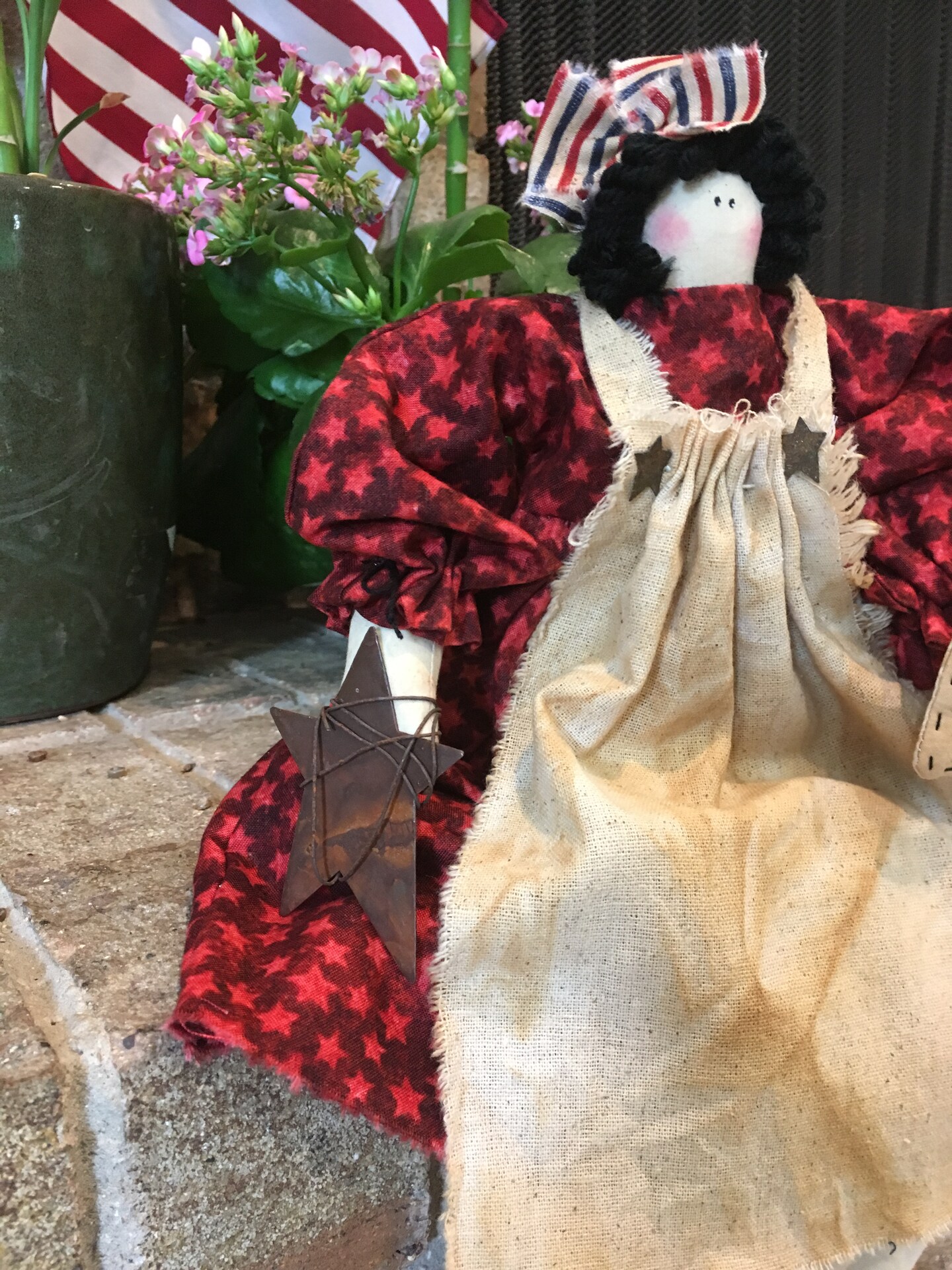 Handmade Primitive Patriotic Raggedy Ann Doll - Americana Pin