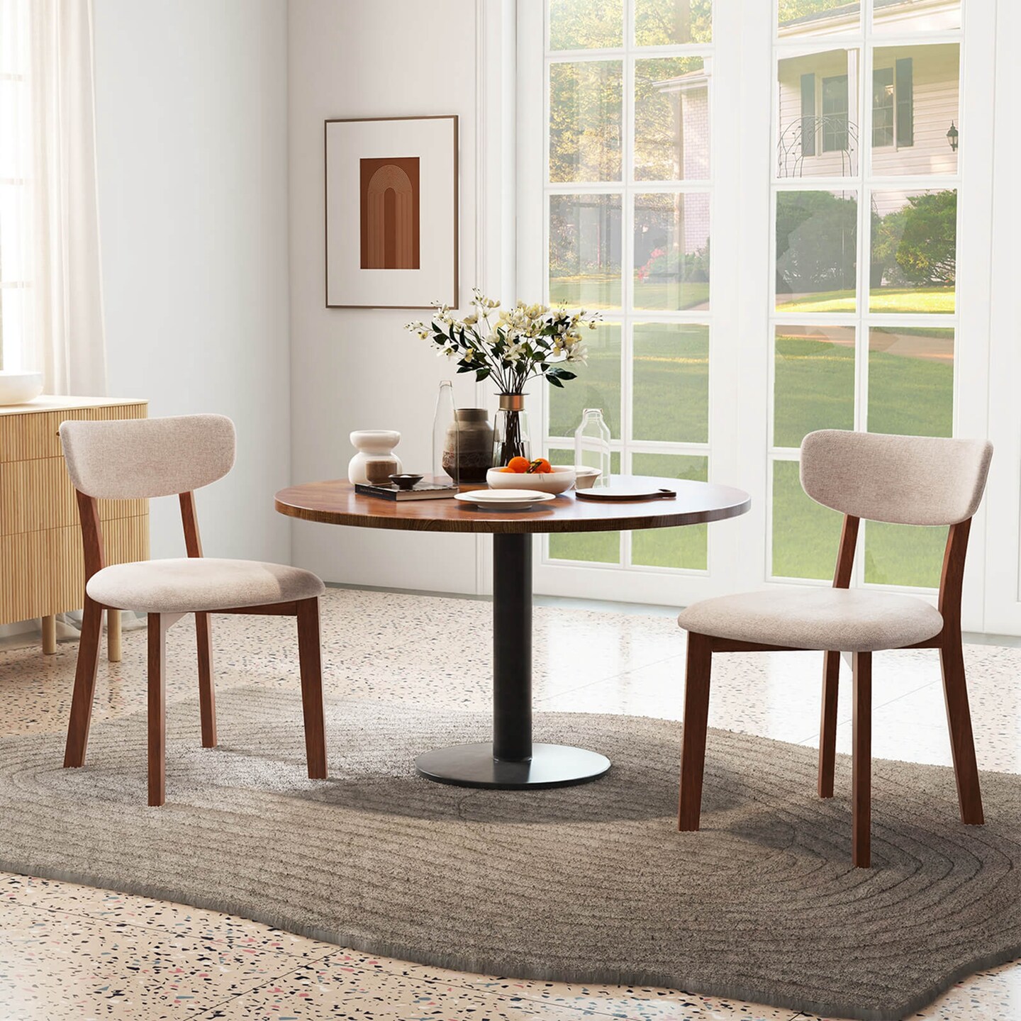 Costway 2 PCS Upholstered Dining Chairs Set of 2 with Solid Rubber Wood Frame, Curved Backrest Beige/Grey