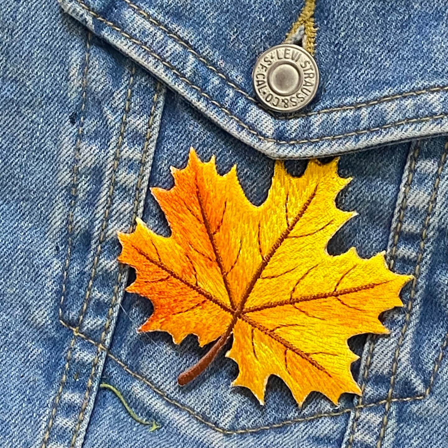 2-3/4" Yellow/Orange Fall Autumn Leaf, Embroidered, Iron on Patch