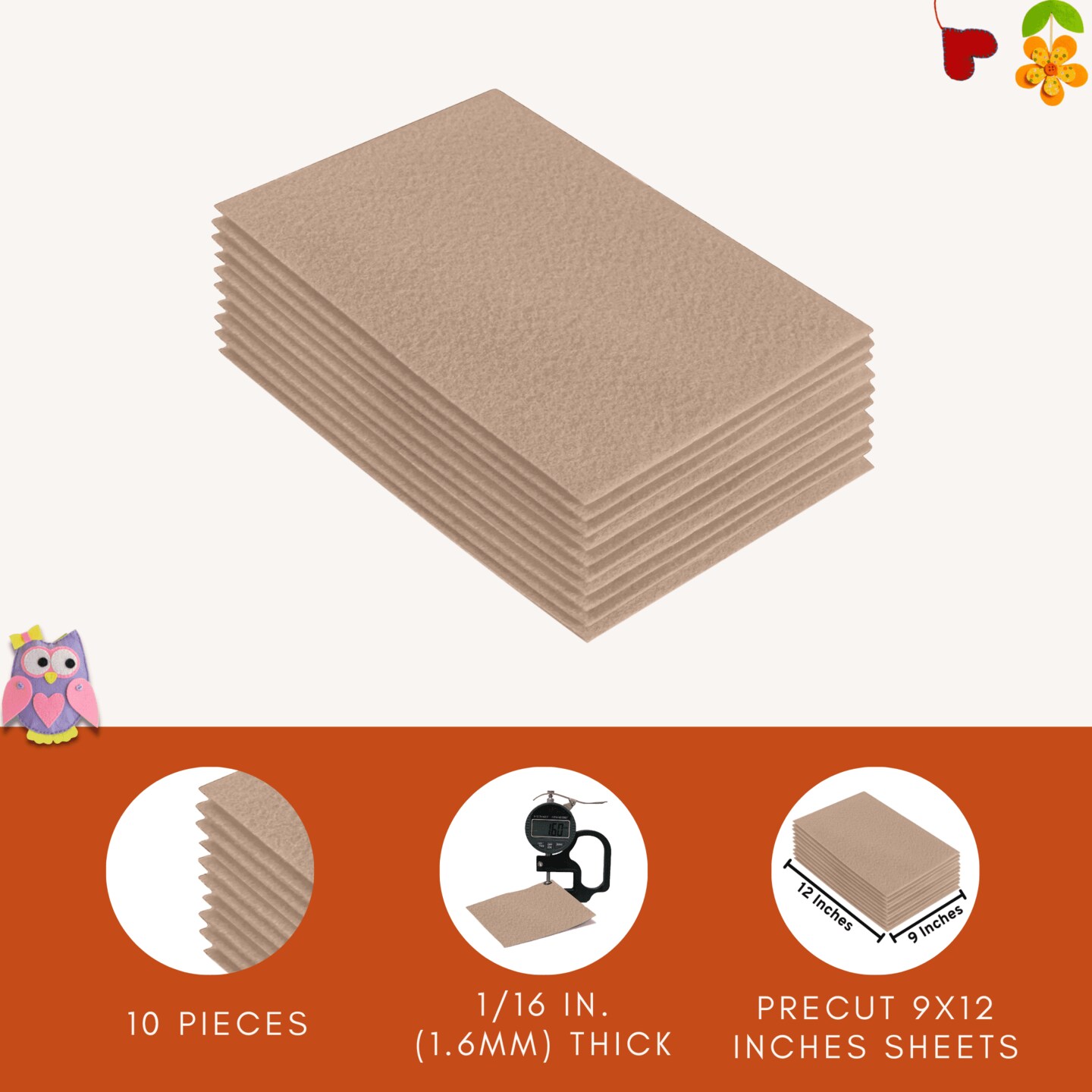 FabricLA Acrylic Felt Sheets for Crafts - Precut 9&#x22; X 12&#x22; Inches (20 cm X 30 cm) Felt Squares - Use Felt Fabric Craft Sheets for DIY, Costume, and Decoration | Sandy - 10 Pieces