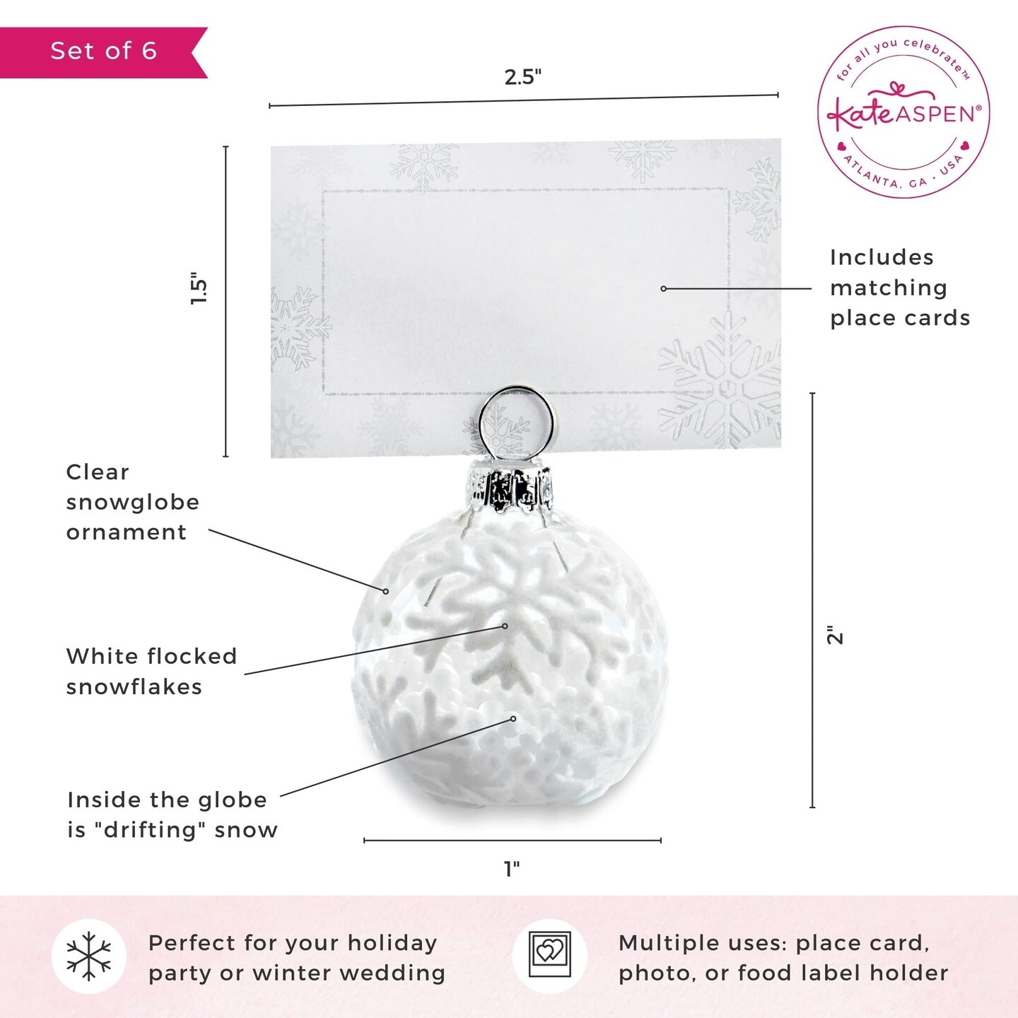 Kate Aspen Place Card Holders (Place Cards Included) - Set of 12 - Table Number Holder for Weddings, Snow Flurry Flocked Glass Ornament for Table Assignments at Bridal Showers or Anniversaries