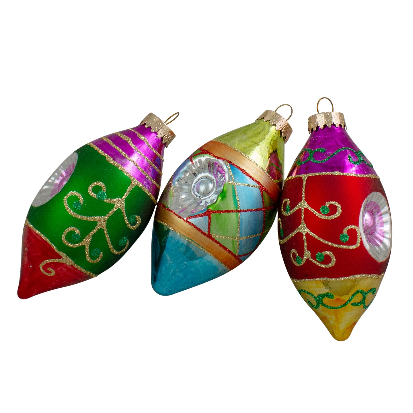 Northlight 3ct Multi Color with Retro Reflectors Glass Finial Christmas Ornament Set 4.25" (100mm)