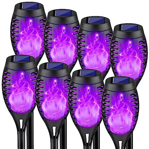 8 Pack Outdoor Halloween Decorations, Halloween Solar Lights with Purple Flame for Halloween Decor, Waterproof Halloween Lights Outdoor, Solar Pathway Lights for Outside Halloween Yard Decorations Lawn
