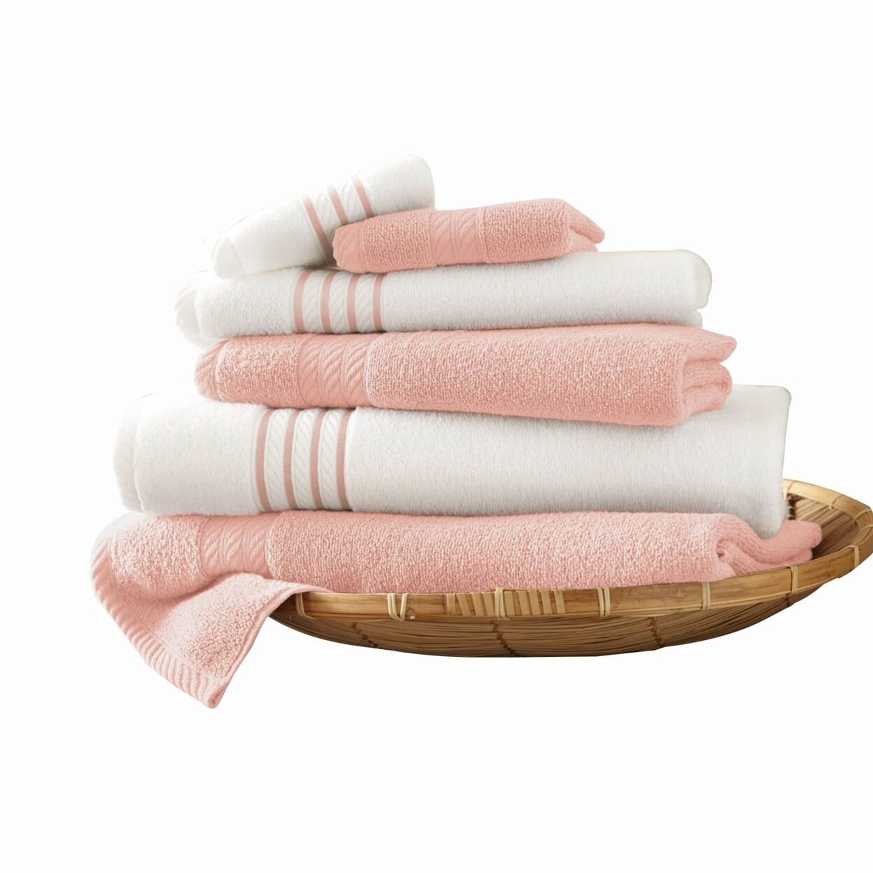 Saltoro Sherpi Dana 6 Piece Soft Egyptian Cotton Towel Set, Striped Pattern, Pink, White-