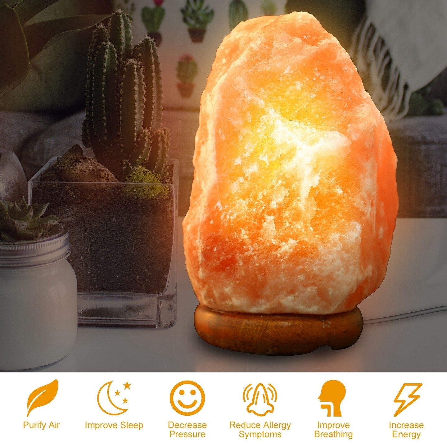 Global Phoenix Salt Lamp Crystal Rock Salt Lamp with Dimmer Switch Hand Carved Table Lamps Night Light with Wood Base