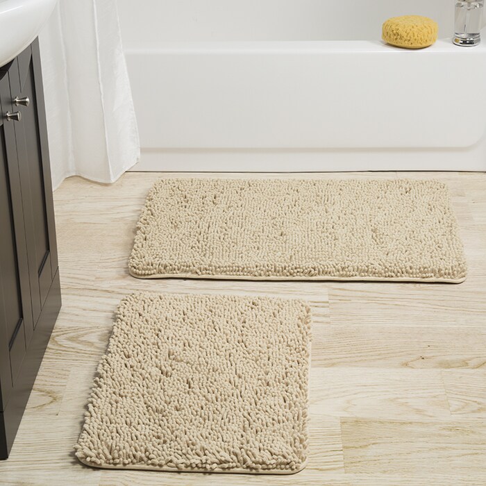 Lavish Home 2 Piece Memory Foam Shag Bath Mat Set Ivory Non-Slip Plush Chenille
