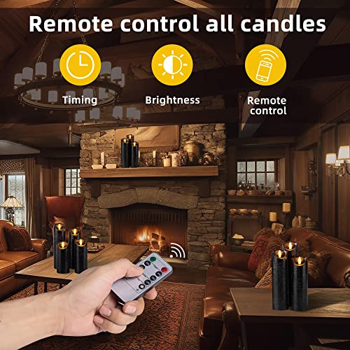 Set of 9 Black Regular Textured Flameless Candles Battery Operated LED Real Wax Flickering Electric Candles with Remote Control Timer for Wedding Birthday Halloween Christmas Decorations
