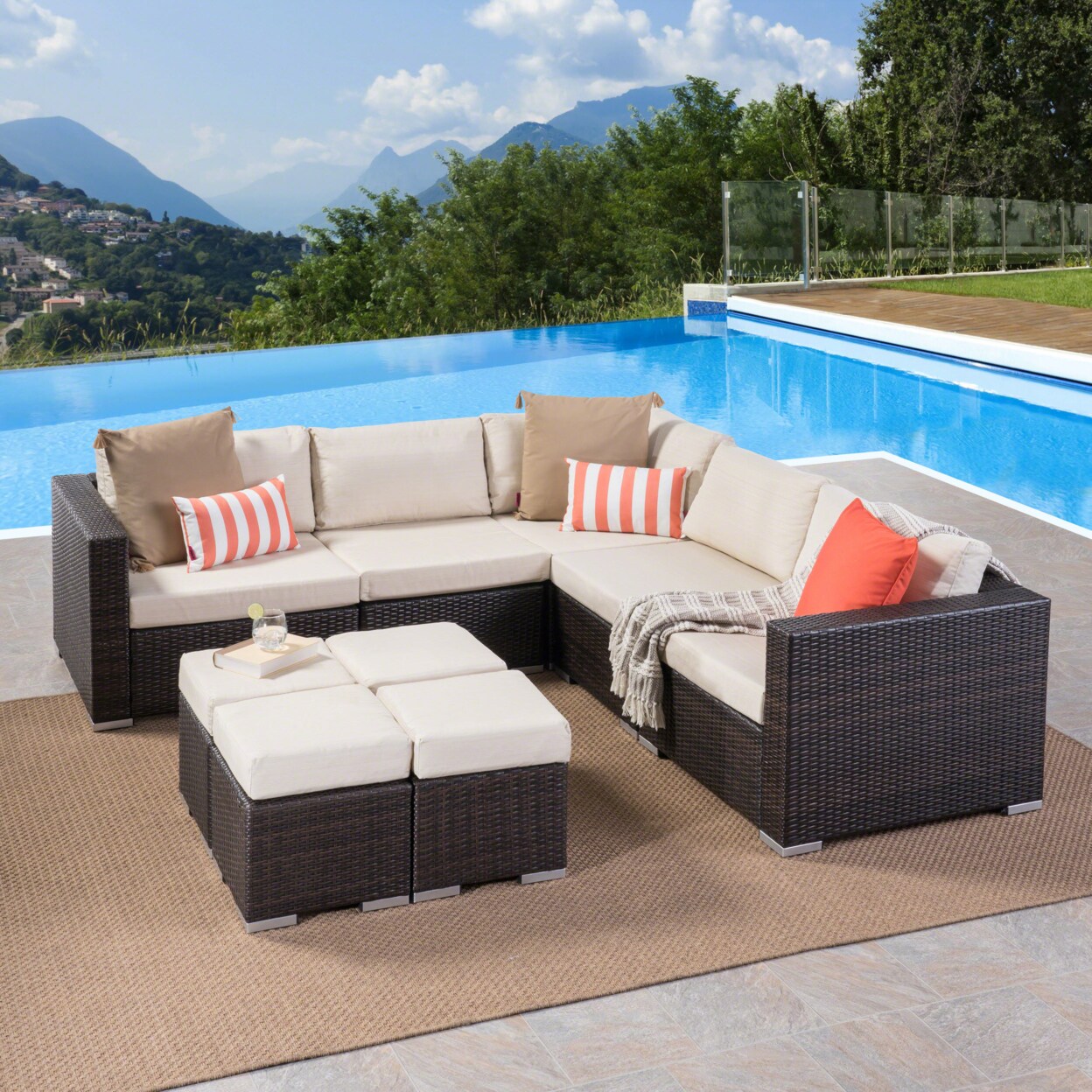 GDFStudio Tammy Rosa Outdoor 5 Seat Wicker Sectional Sofa Set with ...