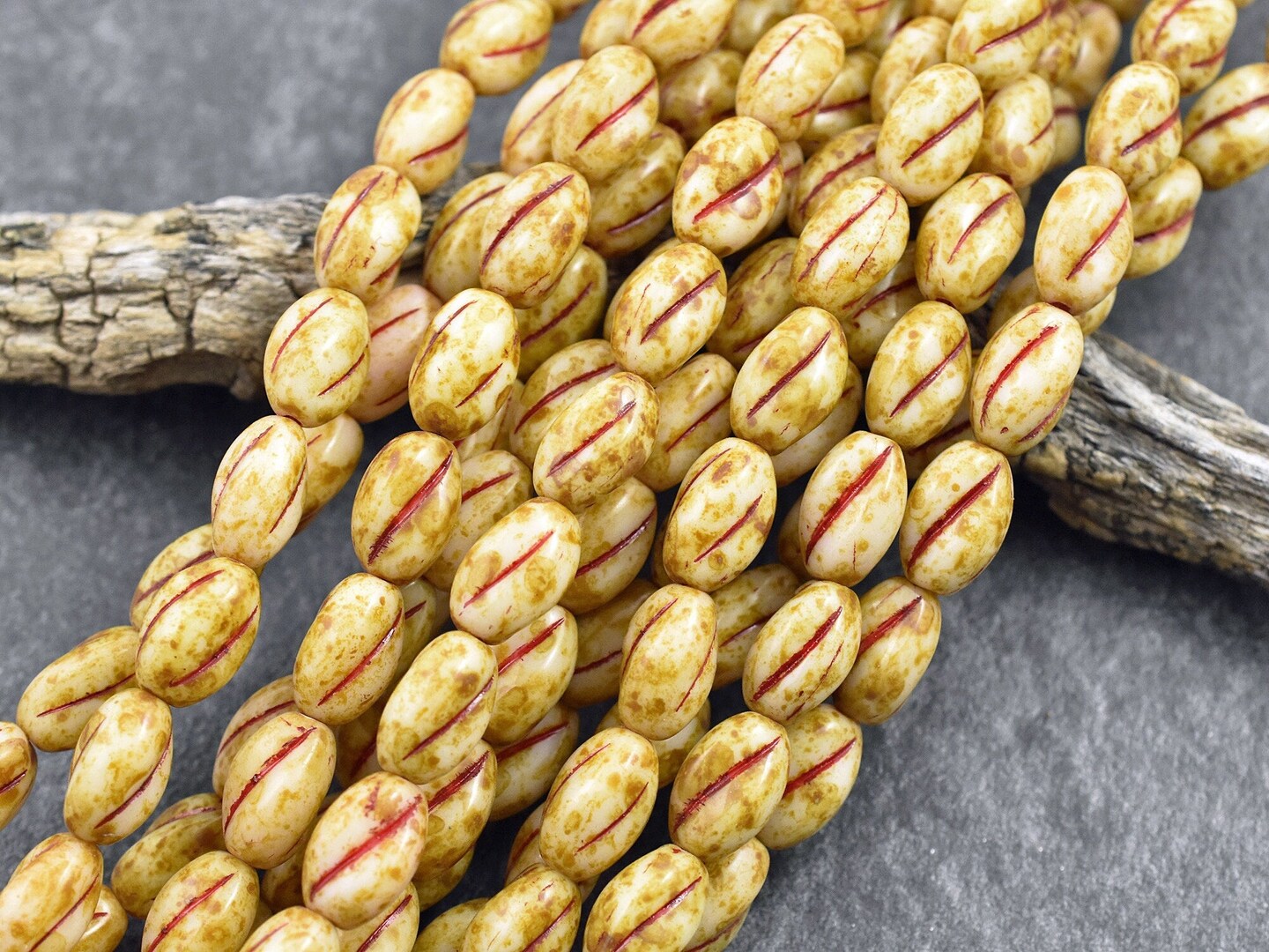 *17* 8x11mm Red Washed Alabaster Picasso Coffee Bean Oval Beads