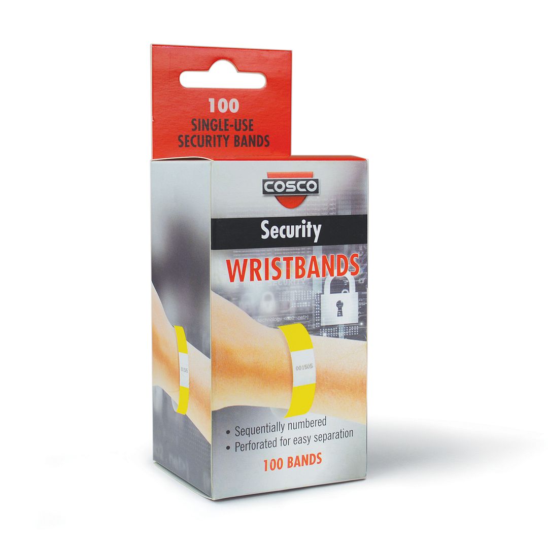 COSCO Security Wristband, Tamper Resistant, 10&#x22; x 3/4&#x22;, Yellow, 100 bands (20 perforated sheets of 5 bands each)