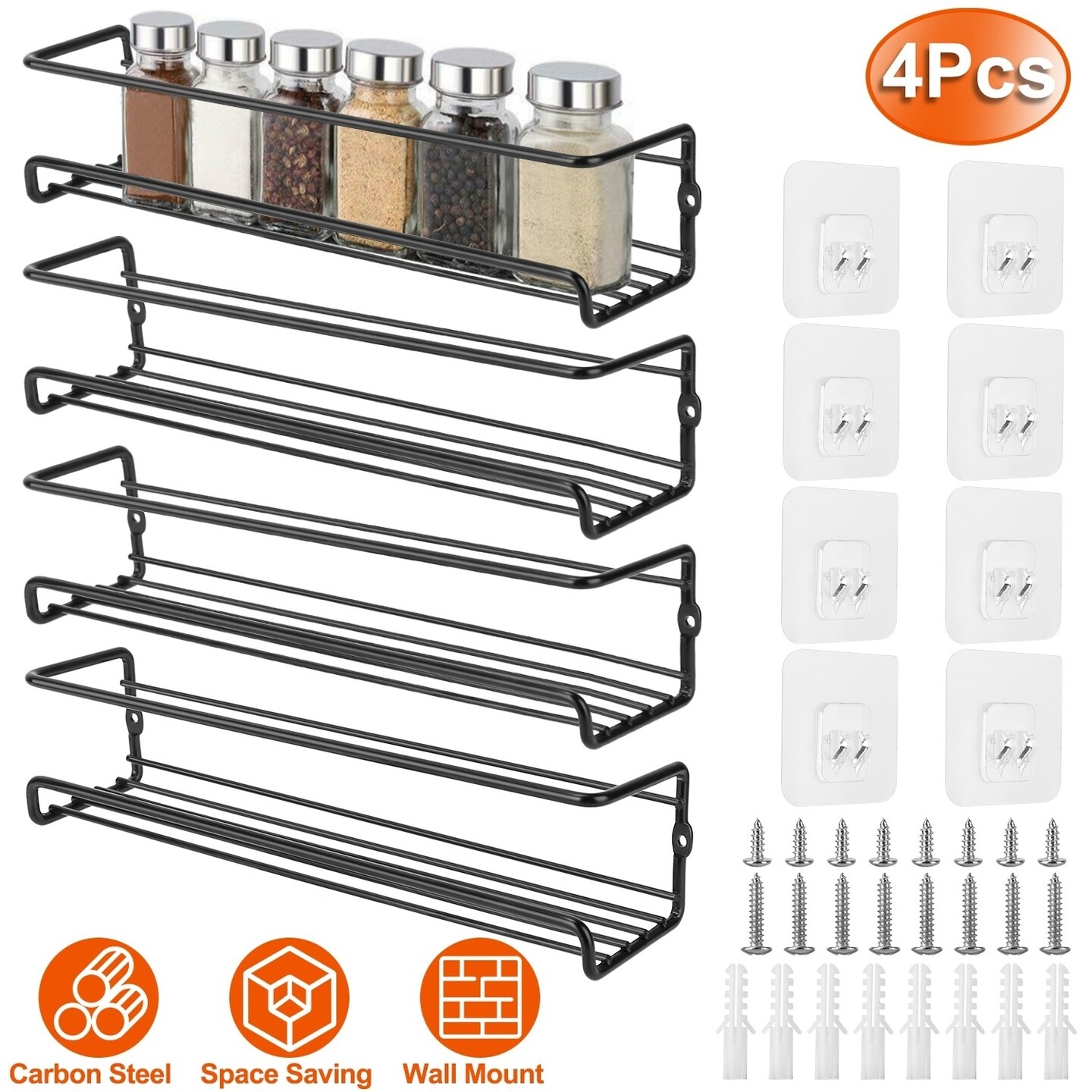 4Pcs Wall Mounted Spice Racks Carbon Steel Kitchen Storage Organizer 11.42In