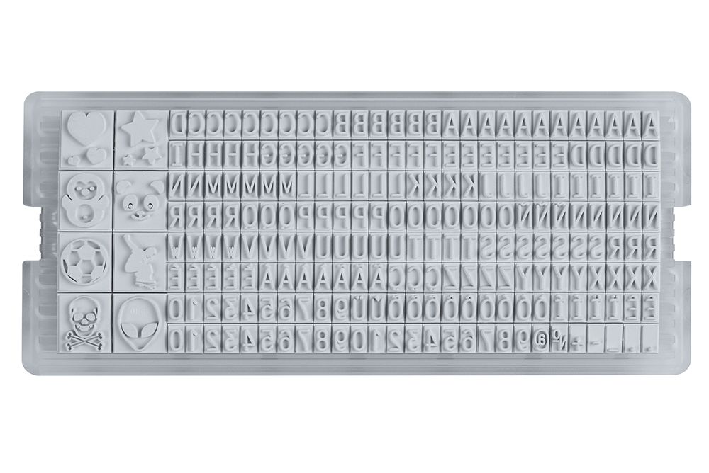 MINE Textile Possession Stamp with Indelible Ink, Characters, Pictograms, Thermo-Adhesive Ribbon and Tweezers