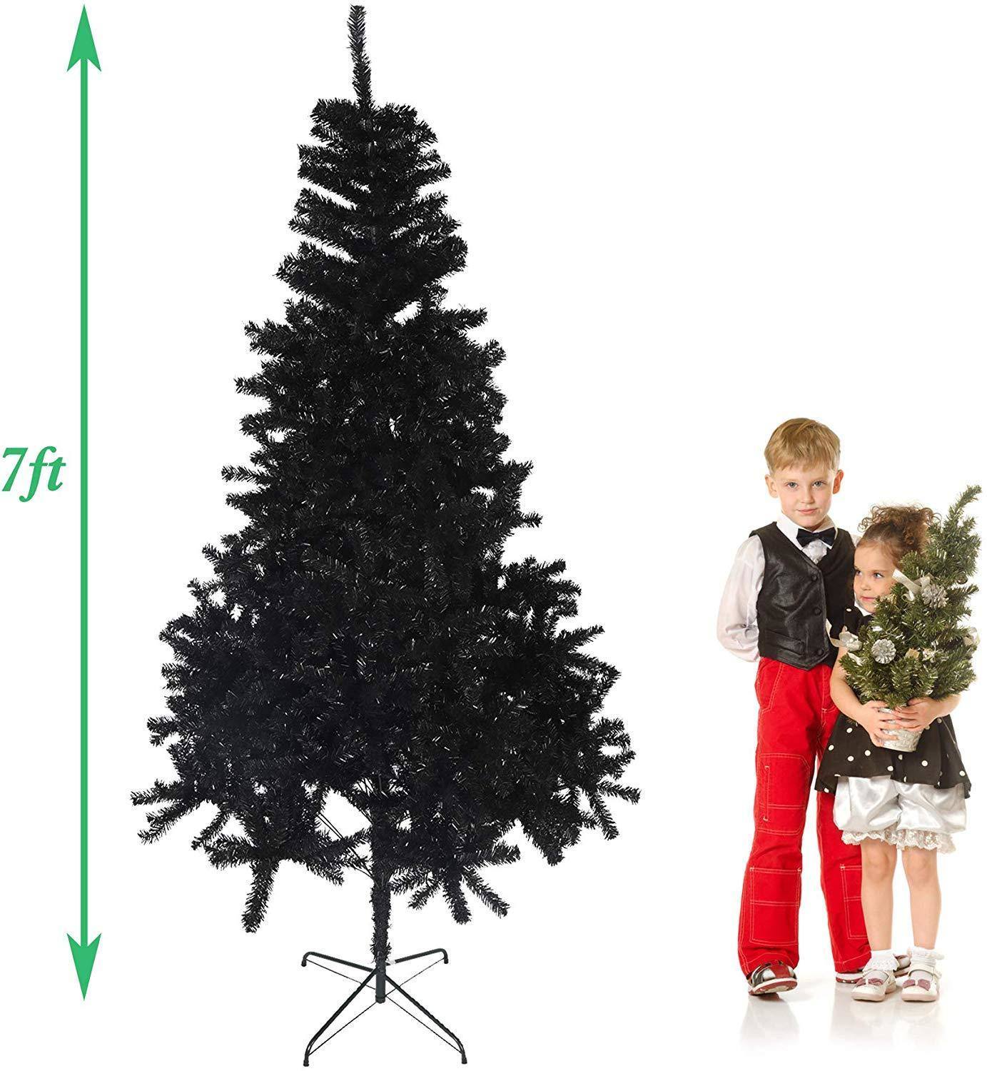 Halloween and Christmas Black Tree - 7 Feet Xmas Artificial Pine Tree Holiday Decoration with Ornaments and 1000 Branch Tips