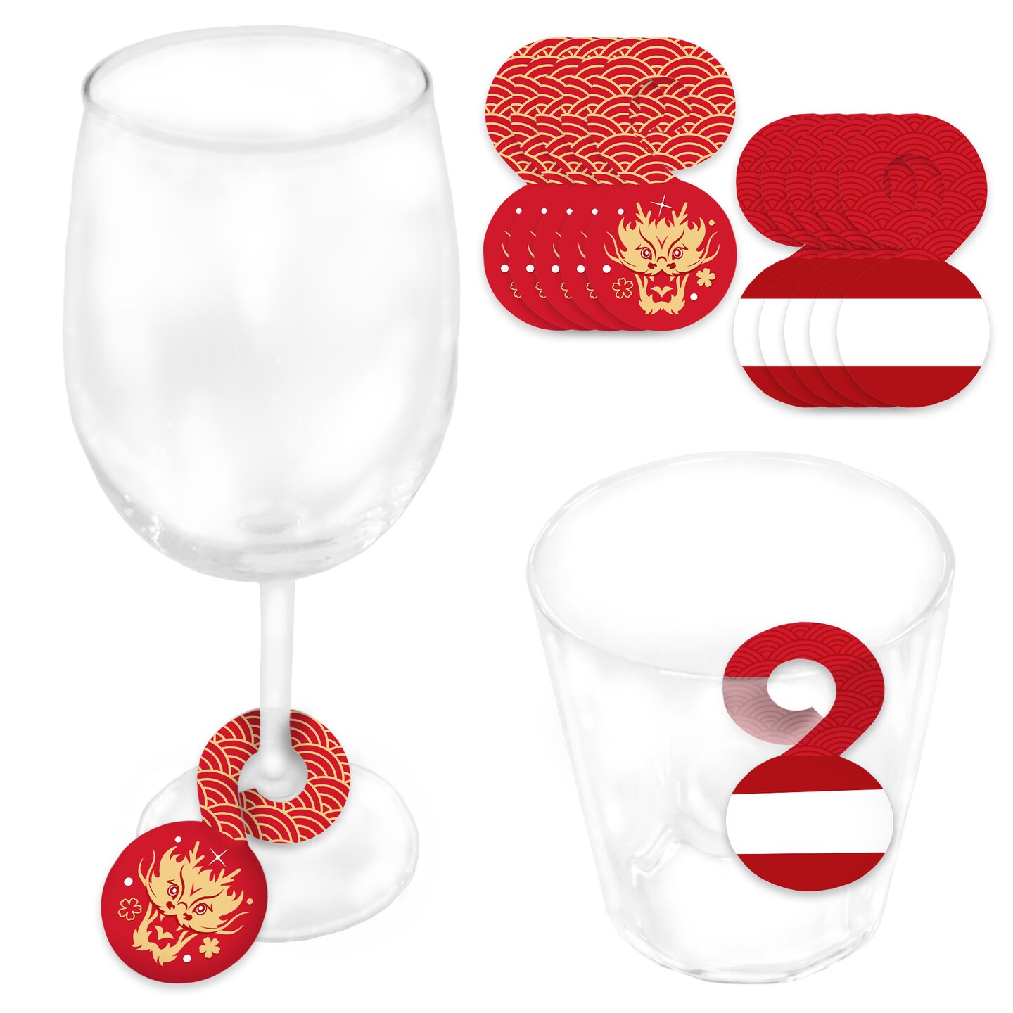 Big Dot of Happiness Lunar New Year - 2024 Year of the Dragon Paper Beverage Markers for Glasses - Drink Tags - Set of 24