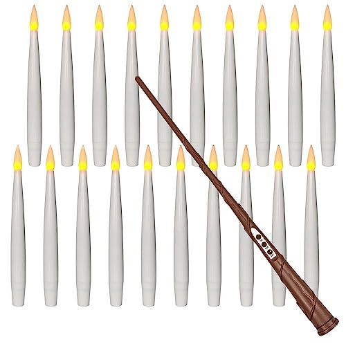 Leejec Floating Candles with Magic Wand Remote (6/18H Timer), Halloween Decorations, 20pcs 6.1&#x22; Hanging Flameless Taper Candles, Flickering Warm Light, Christmas, Wedding, Theme Party Decor (White)