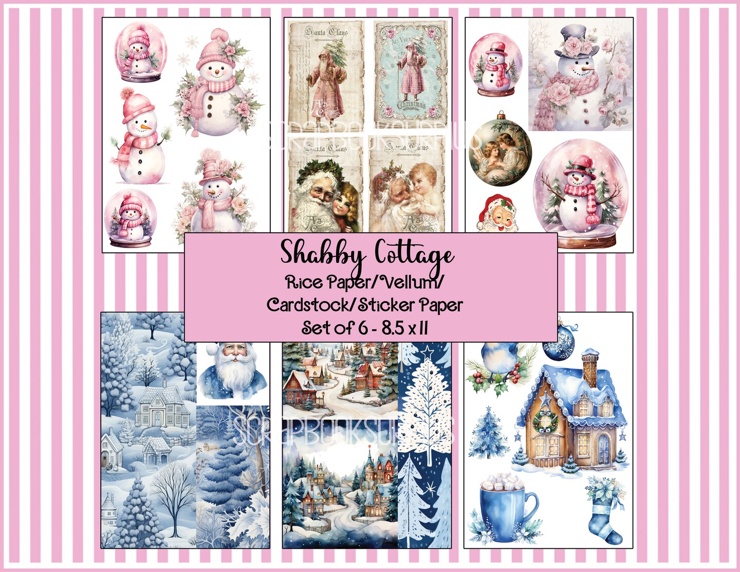 Decoupage Rice Paper OR Vellum Sheets - Set of 6 - 8.5 x 11 - Christmas  Paper - Shabby Pink - Decoupage paper