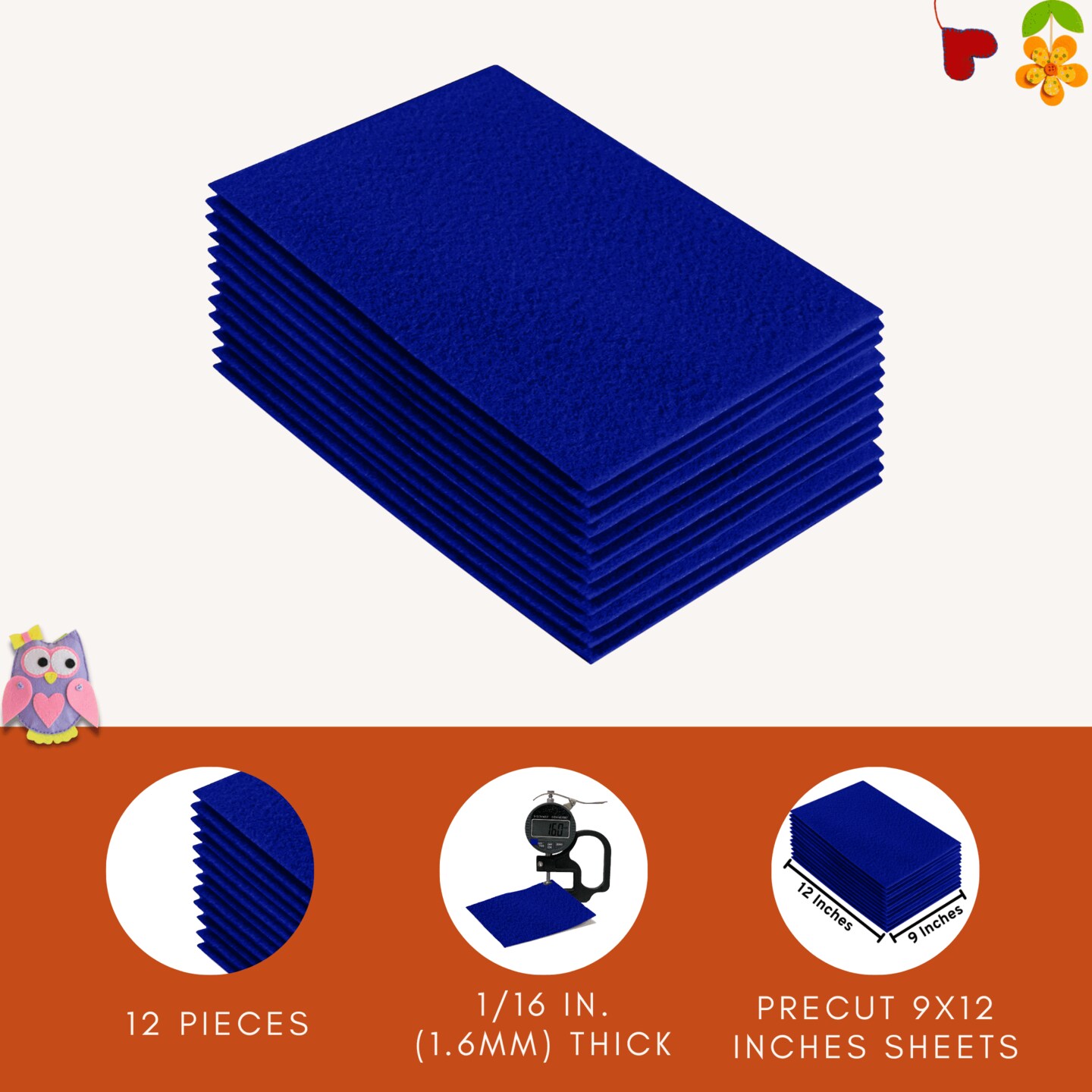 FabricLA Acrylic Felt Sheets for Crafts - Precut 9" X 12" Inches (20 cm X 30 cm) Felt Squares - Use Felt Fabric Craft Sheets for DIY, Costume, and Decoration | Royal Blue - 12 Pieces