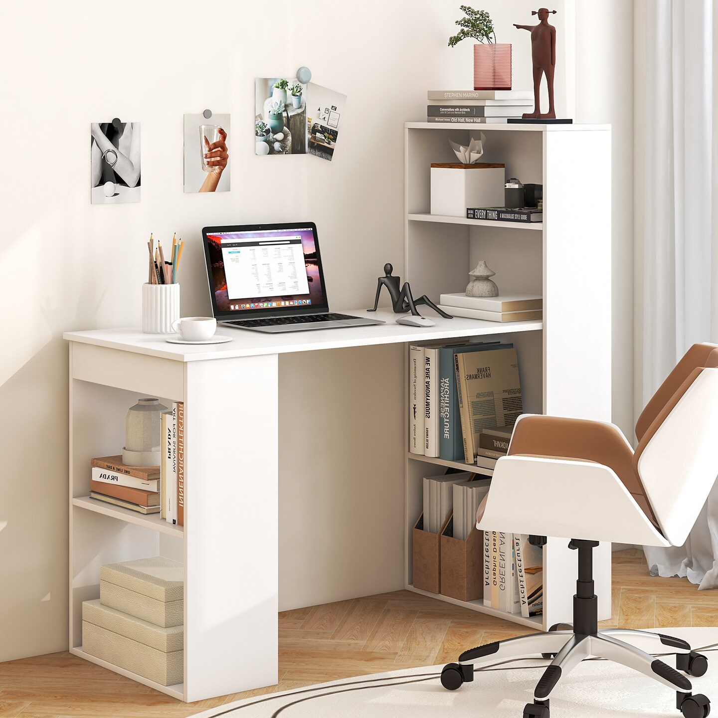 Costway Computer Desk Writing  Workstation Office w/6-Tier Storage Shelves White\Black
