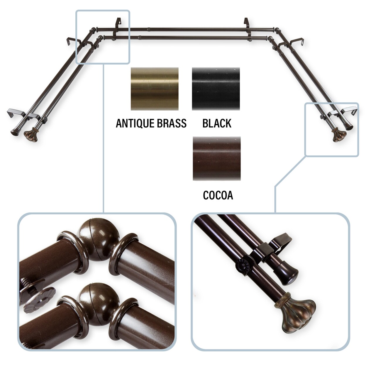 Rod Desyne   Flair 13 by 16&#x22; Bay Window Double Curtain Rod  20&#x22;-36&#x22;, 38&#x22;-72&#x22;