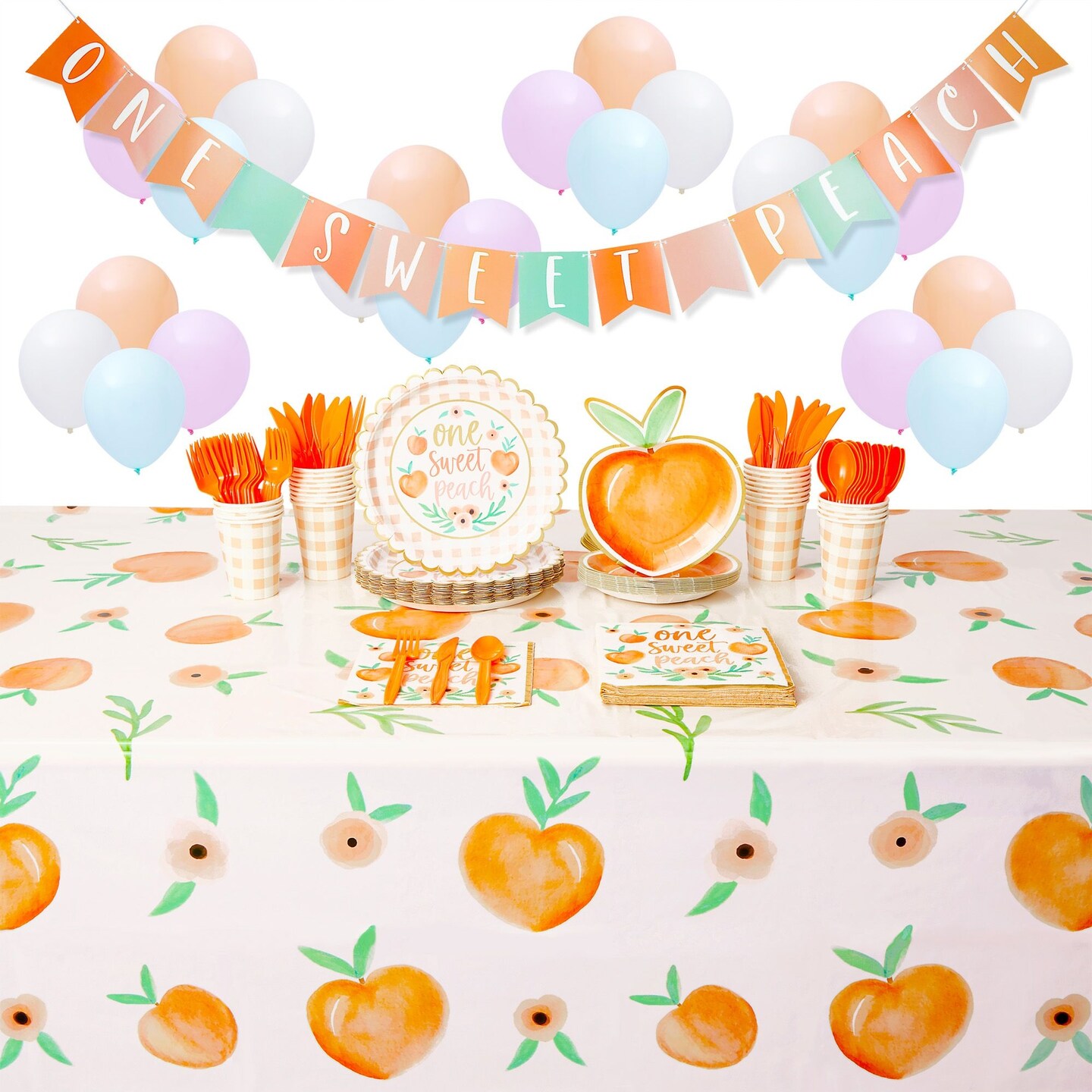 Set of 195 Peach Party Supplies with Paper Plates, Cups, Napkins, Cutlery,  Tablecloths, Balloons, and a Banner (Serves 24 Guests)