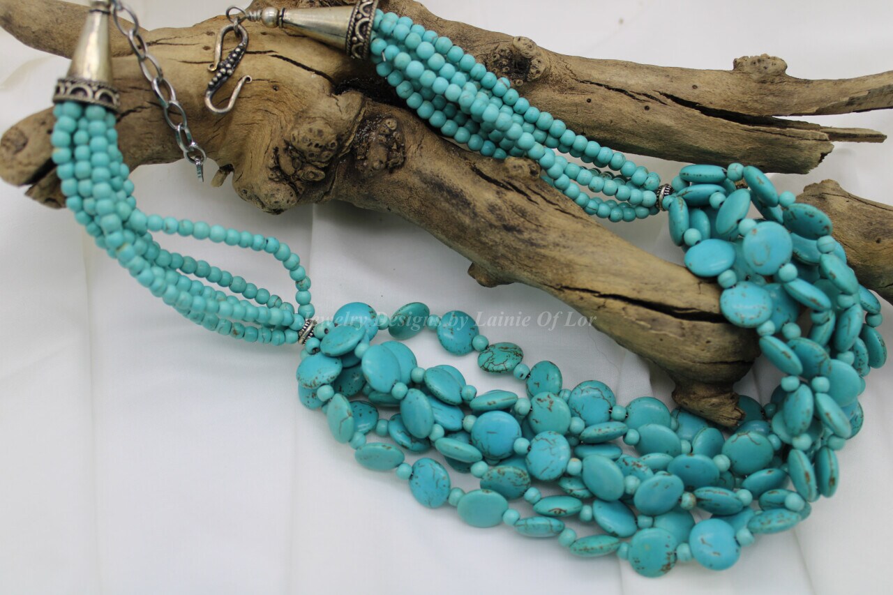 Turquoise Magnesite Multi-Strand Lentil Necklace MN-9