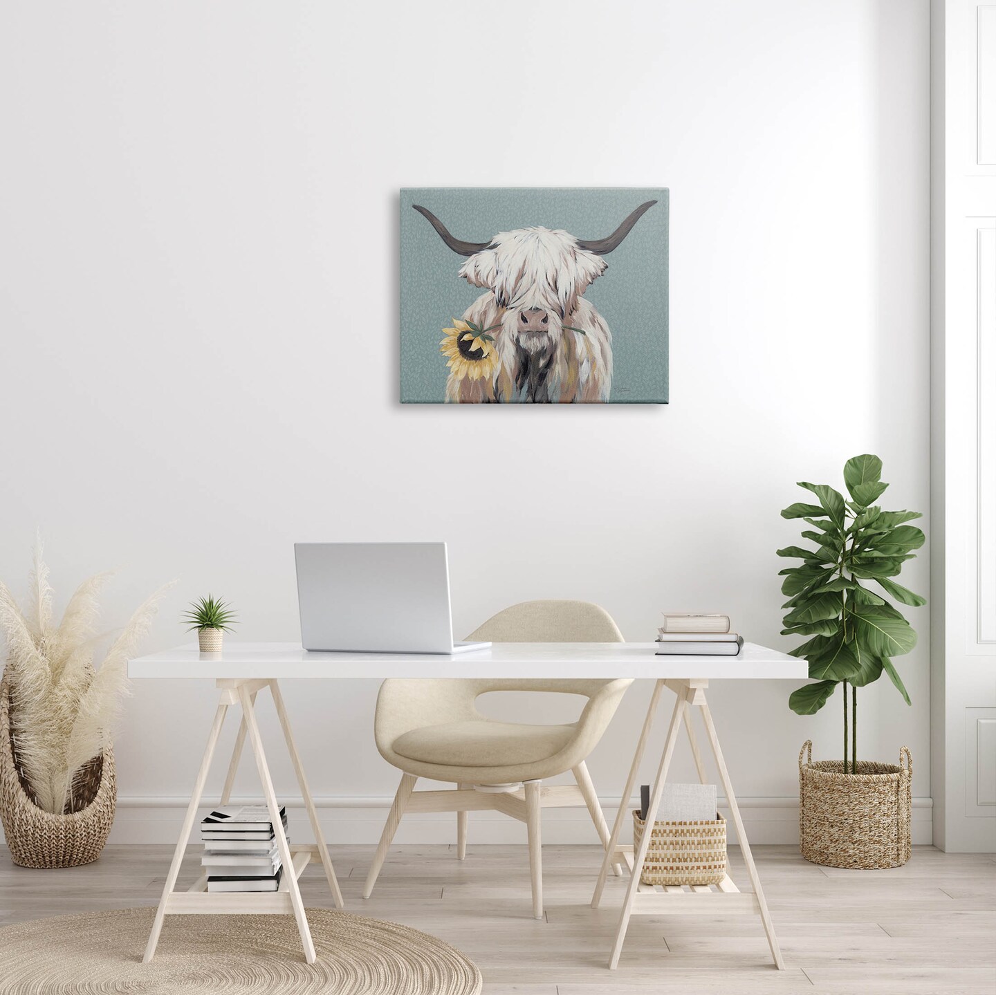 Stupell Industries Highland Cattle Biting Sunflower Bloom Canvas Wall Art