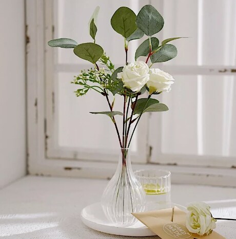 15&#x22; Ivory Artificial Seeded Eucalyptus Leaves Silk Roses Bouquet