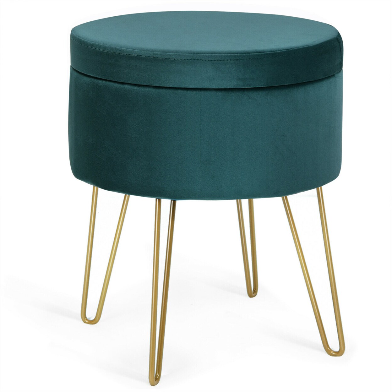 Gymax Round Velvet Storage Ottoman Footrest Stool Vanity Chair w/Metal Legs
