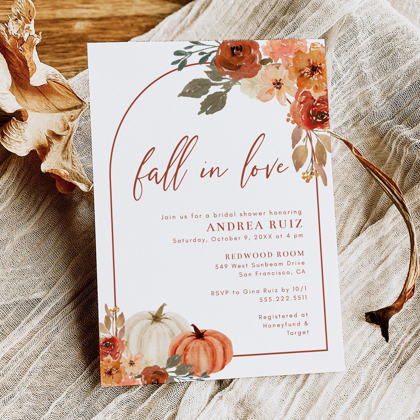 Fall In Love 5x7 Bridal Shower Invitation with Envelopes, Boho Arch with  Fall Floral and Pumpkins | MakerPlace by Michaels, image size:1440x1440
