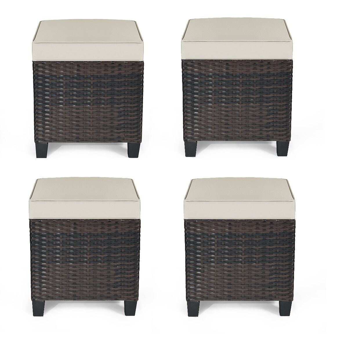 4Pcs Rattan Ottoman Outdoor Patio Furniture Cushioned Footstool Footrest