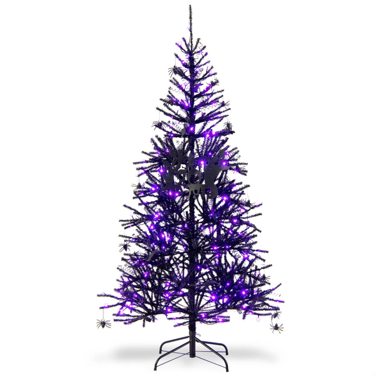 Gymax 6 ft Pre-lit Black Halloween Tree Hinged Christmas Tree w/ Purple LED Lights