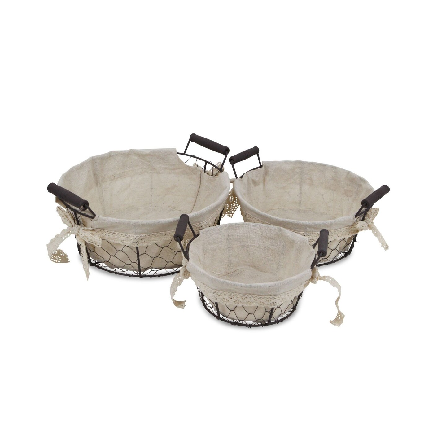 Contemporary Home Living Set of 3 Beige and Brown Lined Traditional Handmade Baskets with Handles 11.75&#x22;