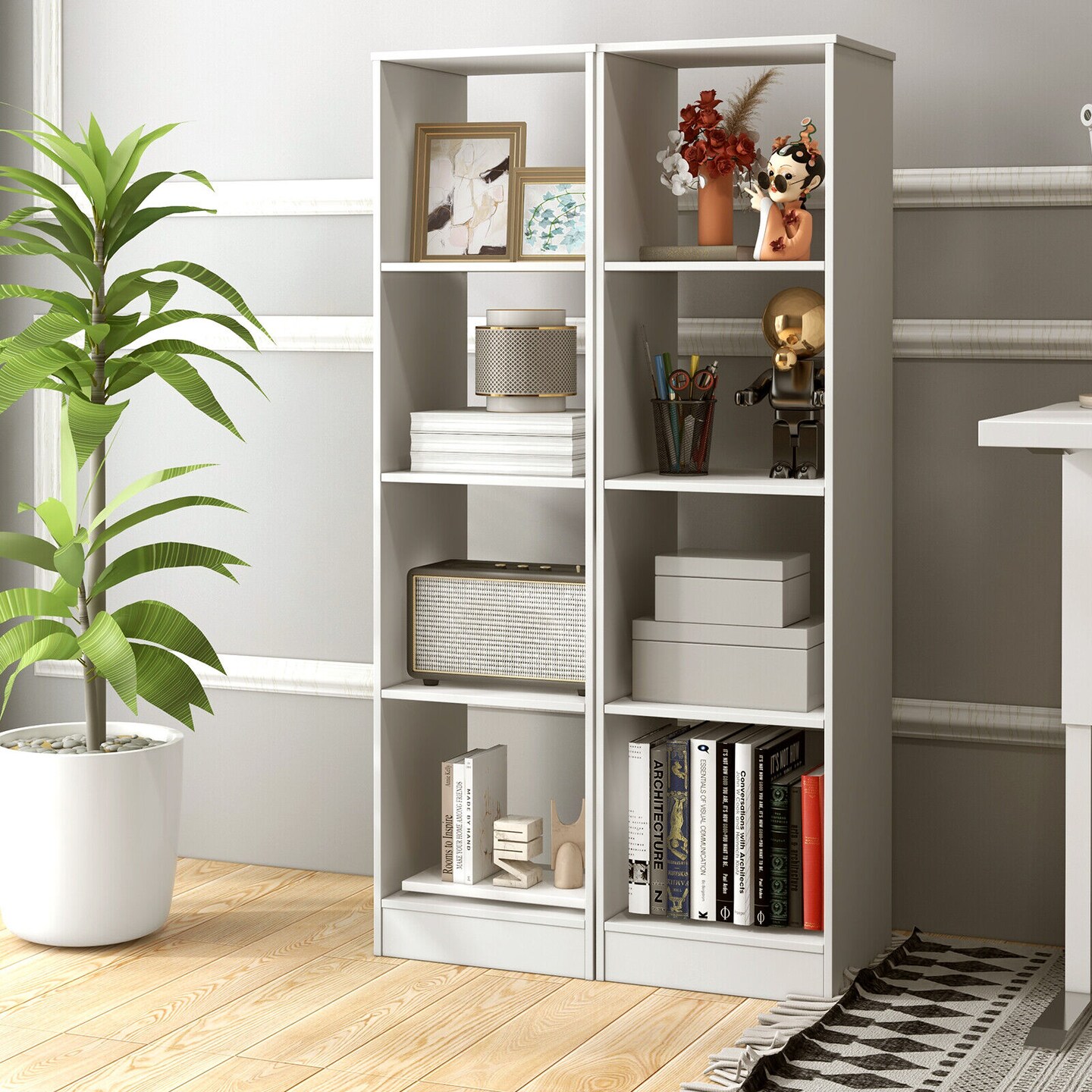 White 5-Tier 4-Cube Narrow Bookcase Tall Storage Shelf Organizer for Living Room or Bedroom