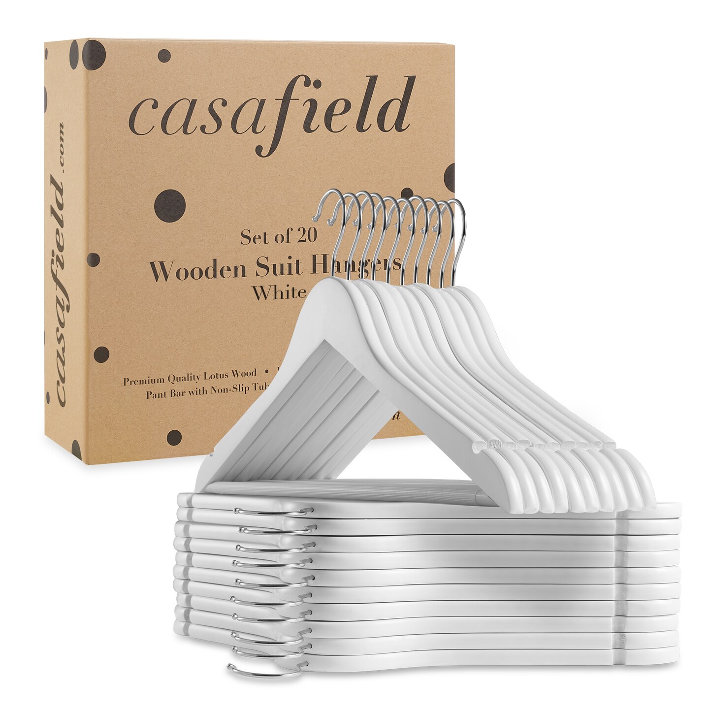 Casafield - 20 Wooden Suit Hangers - Premium Lotus Wood with Notches &#x26; Chrome Swivel Hook for Dress Clothes, Coats, Jackets, Pants, Shirts, Skirts