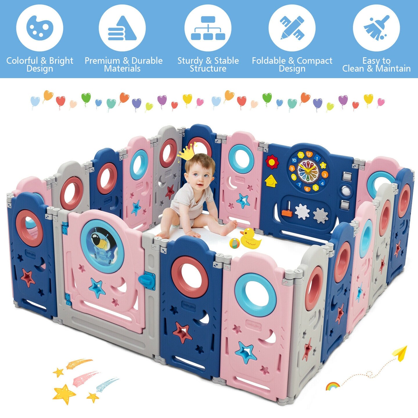 Foldable Baby Playpen Kids Safety Play Center with Lockable Gate
