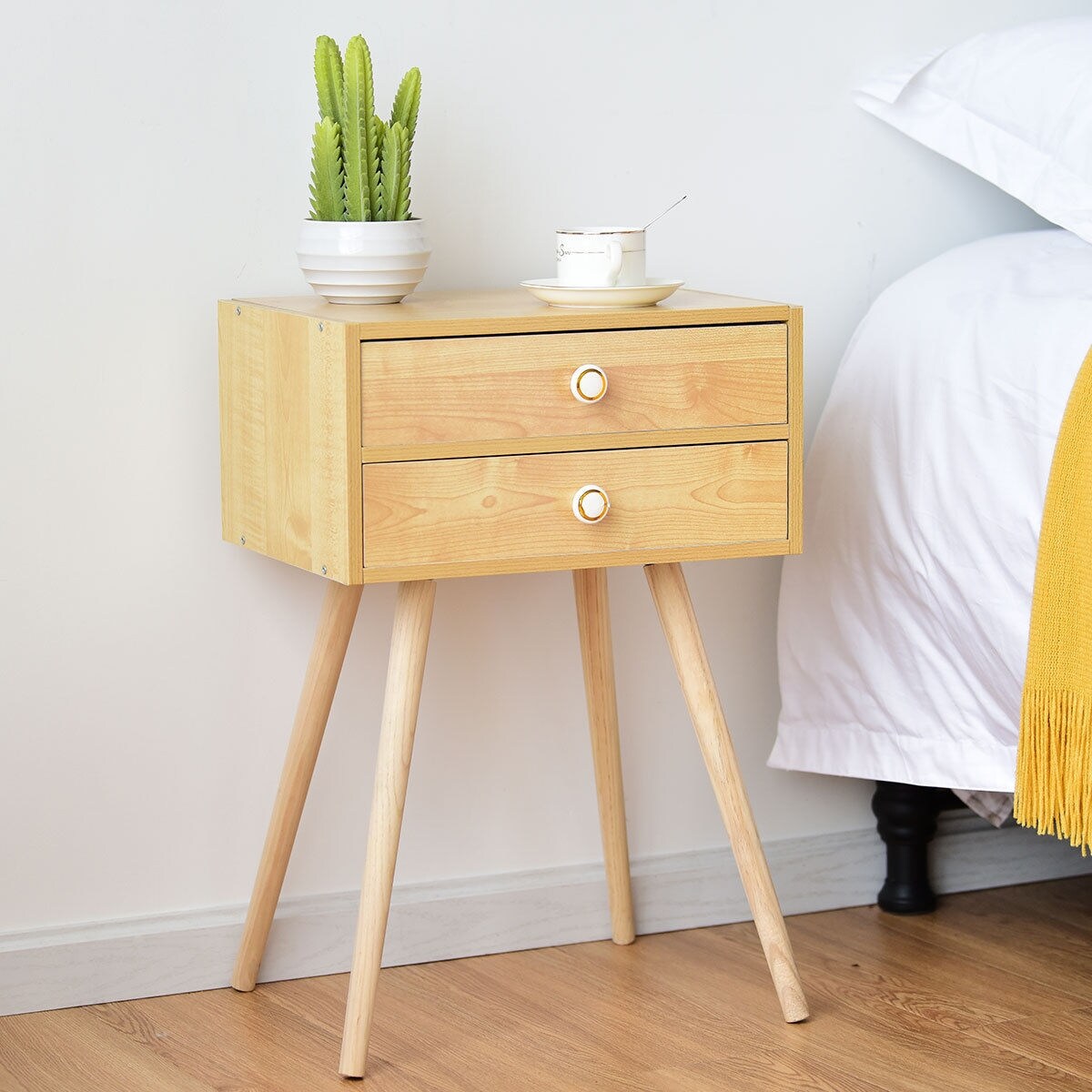 Modern Floor Standing 2 Drawers Nightstand with Wooden Legs and Golden Knob