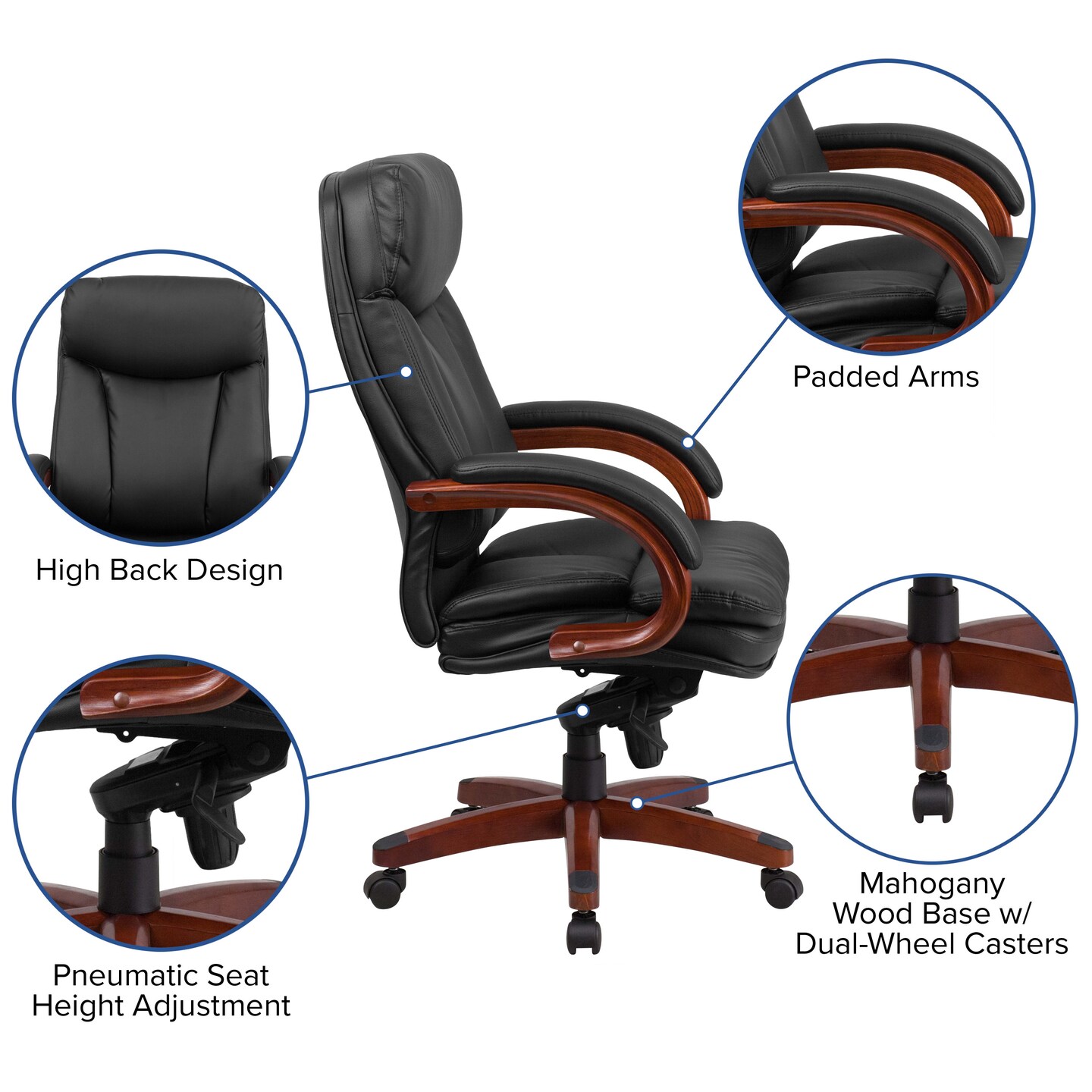 Emma and Oliver High Back Leather Executive Swivel Ergonomic Office Chair with Synchro-Tilt Mechanism, Mahogany Wood Base and Arms