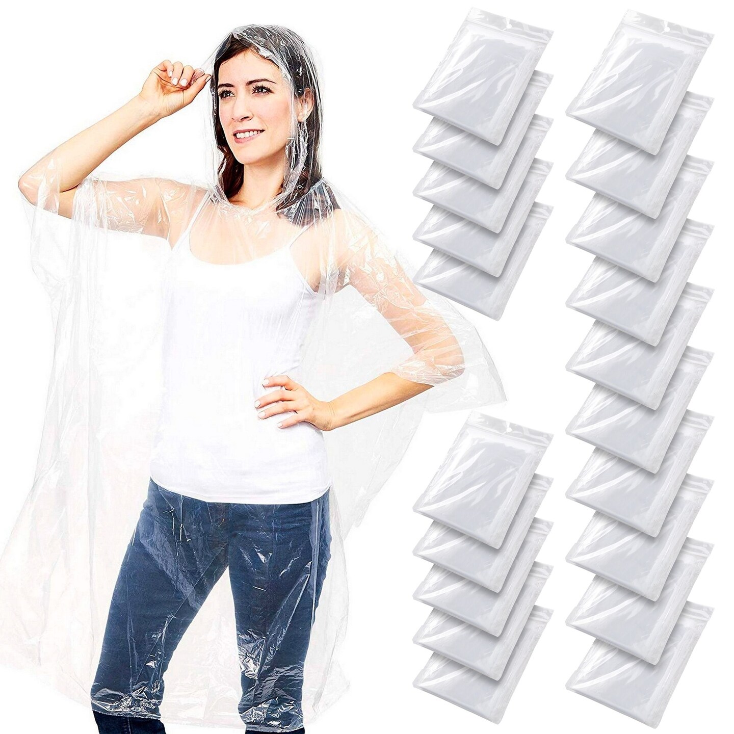 20 Pack Disposable Rain Ponchos for Adults - Emergency Ponchos with Hood Family Pack, Individually Wrapped Raincoats, Clear Plastic for Rain and Water Protection, One Size Fits All