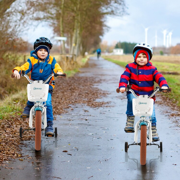 16 Inch Kids Adjustable Bike with Cute Basket for Storage and 2 Training Wheels