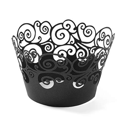 Cupcake Wrappers, KPOSIYA 50 Pack Cupcake Wraps Filigree Artistic Bake Cake Paper Cup Little Vine Laser Cut Liner Baking Cups Muffin Case Trays for Wedding Party Birthday Decoration (50, Black)