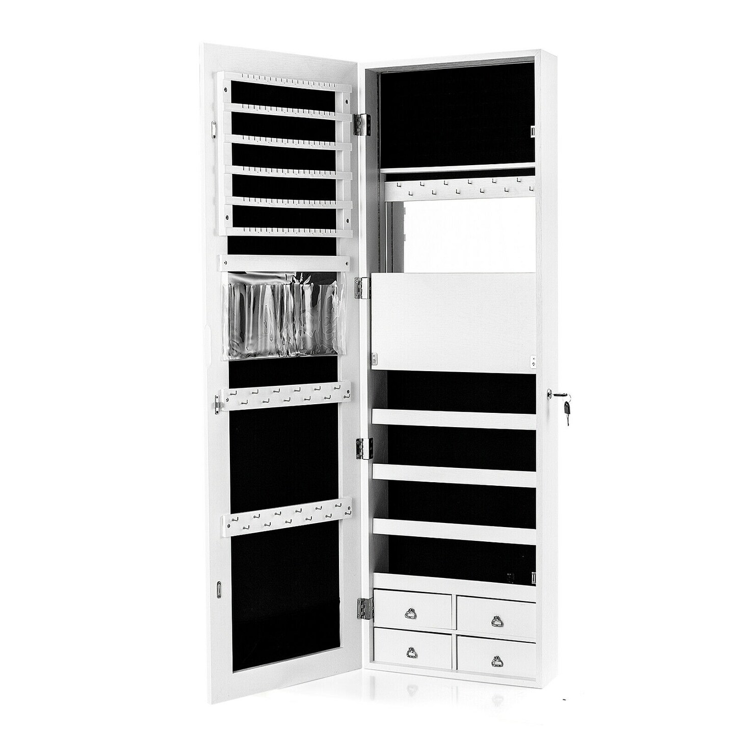 Multipurpose Storage Jewelry Cabinet with 4 Drawers and Full-length Mirror