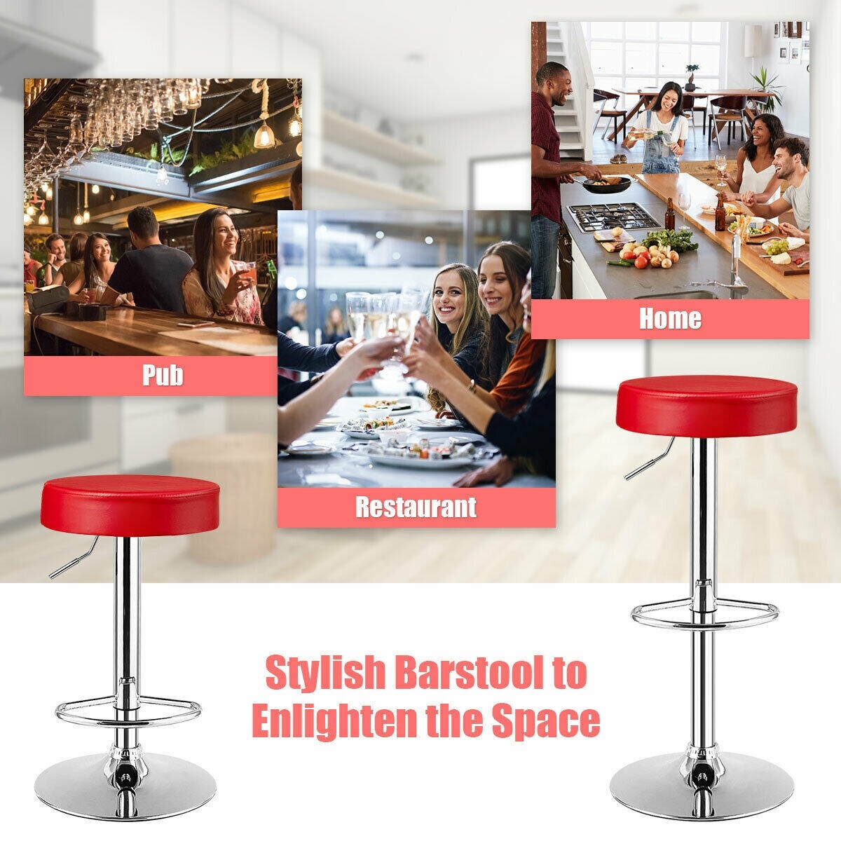 Set of 2 Height Adjustable Swivel Round Bar Stool with Stainless Steel Chrome Base Perfect for Seating in Any Room