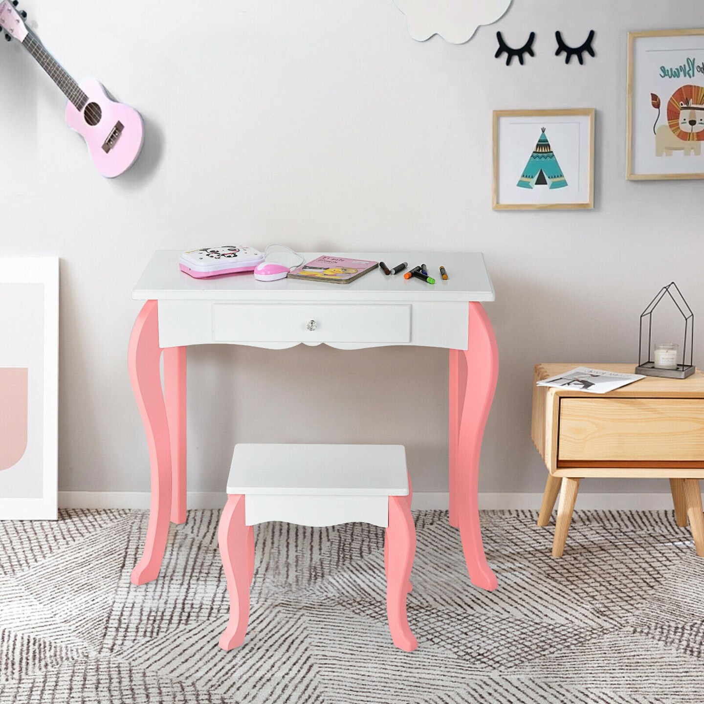 Kids Vanity Princess Makeup Dressing Table Stool Set with Mirror and Drawer