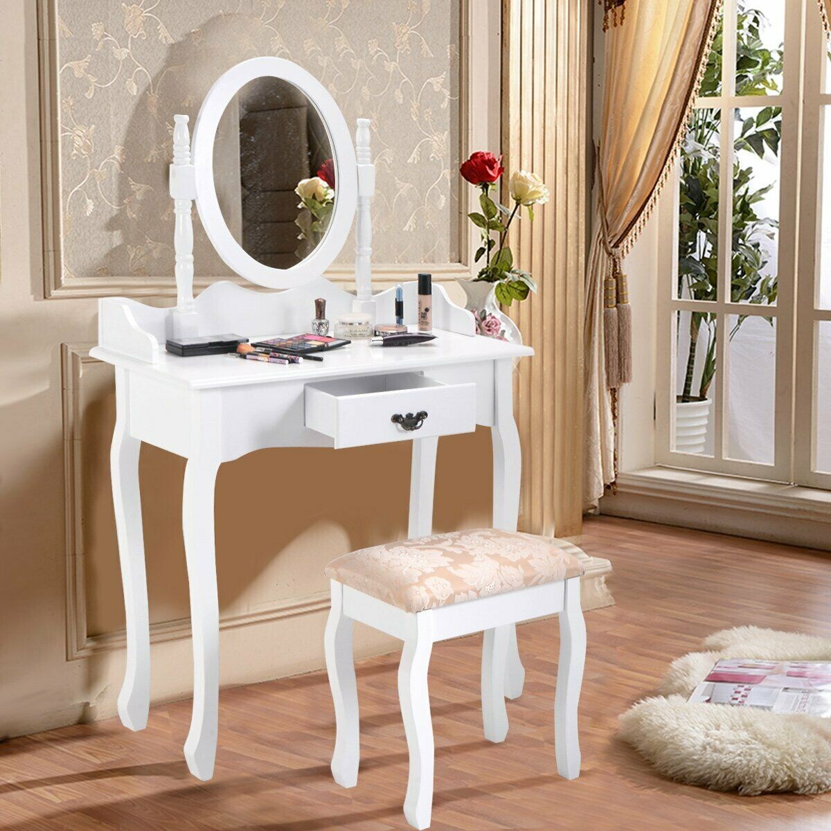 Wooded Vanity Table Set with Oval Mirror and Rotating Mirror