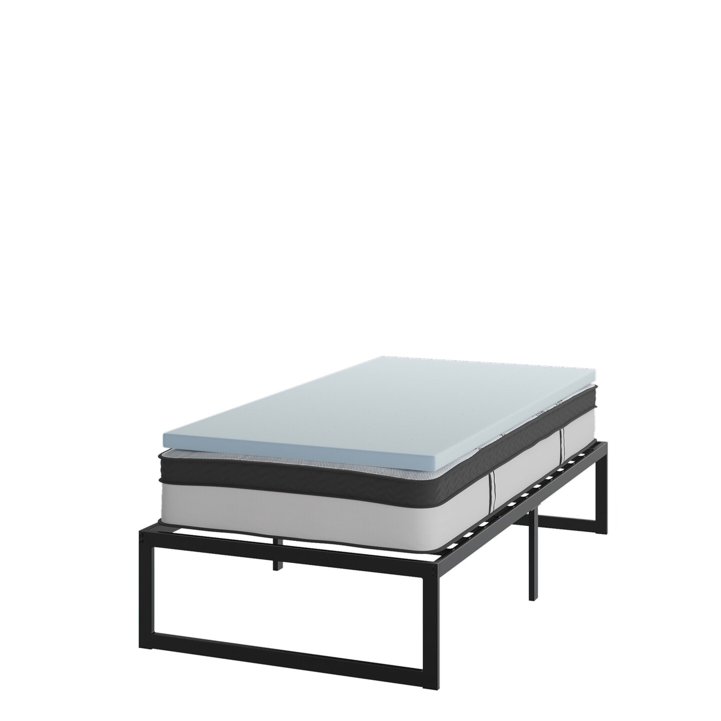 Emma and Oliver Complete Bed Set: Metal Platform Frame; Hybrid Pocket Spring Mattress in a Box and Cool Gel Memory Foam Topper