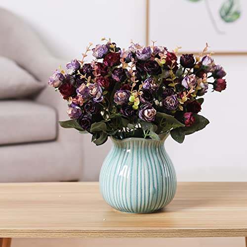 Duovlo 7 Branch 21 Heads Artificial Flowers Bouquet Mini Rose Wedding Home Office Decor,Pack of 2 (2 PCS Purple)