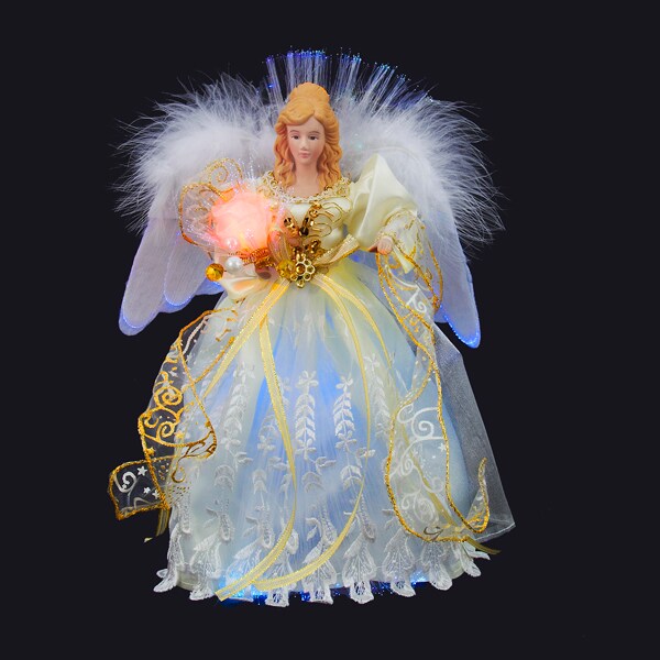 KSA 12" Elegant Cream and Bright White LED Light Fiber Optic Angel Christmas Tree Topper