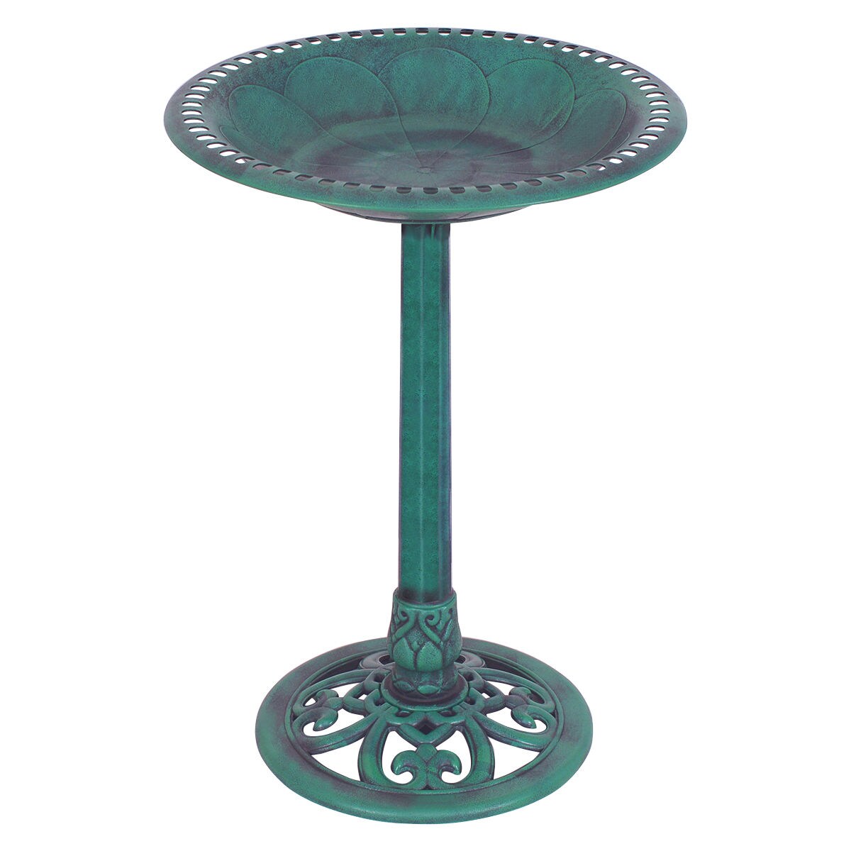 20"x28" Decorative Green Pedestal Bird Bath with Scroll Design Resin Outdoor Water Bowl