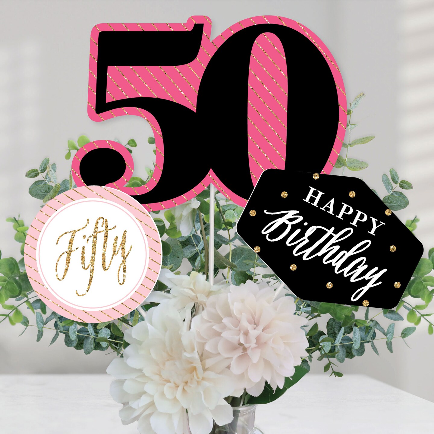 Big Dot Of Happiness Chic 50th Birthday Pink Black And Gold Birthday Party Centerpiece